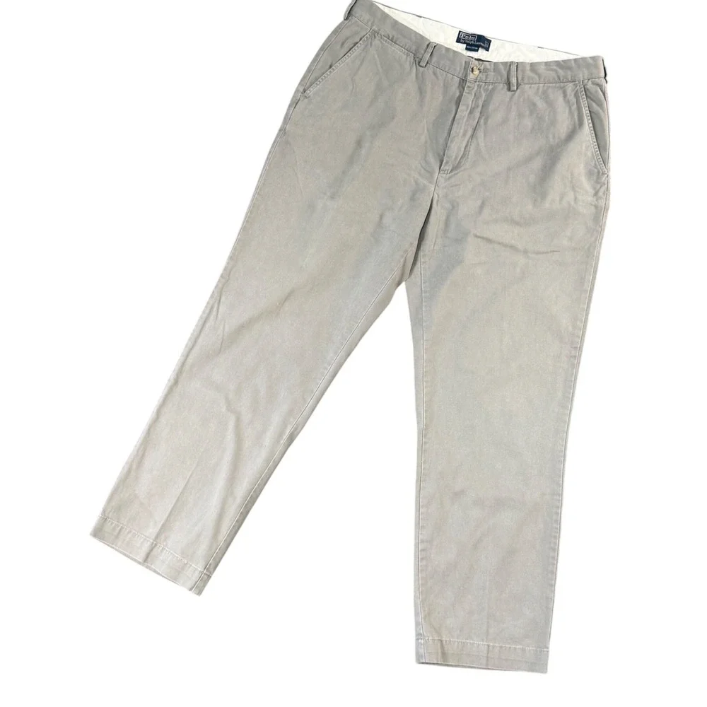 VTG Polo Ralph Lauren Mens 38x31 Gray Chino Pants Flat Front Straight Fit Preppy